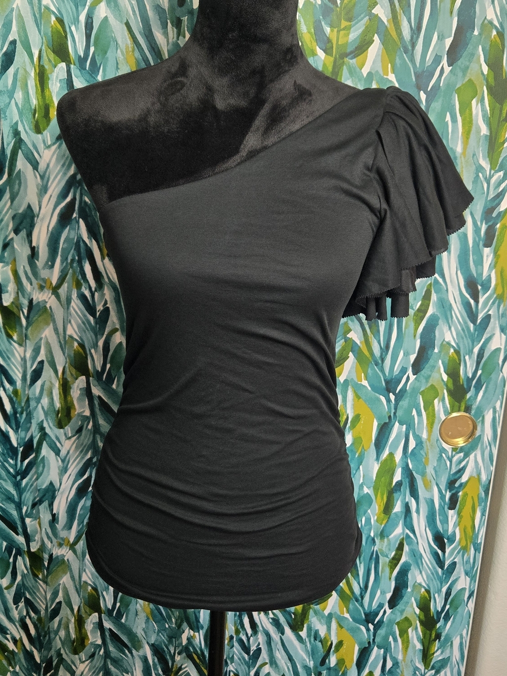 Ralph Lauren Black Silk Ruffle One Shoulder Ruched Top M
